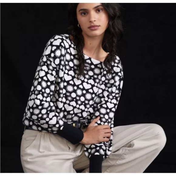 Maeve Anthropologie Heart Sweater Boat Neck Black White Sun Size XSmall - Picture 1 of 13